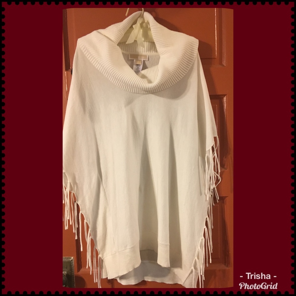 Michael Kors off-white, fringe accented cowl neck